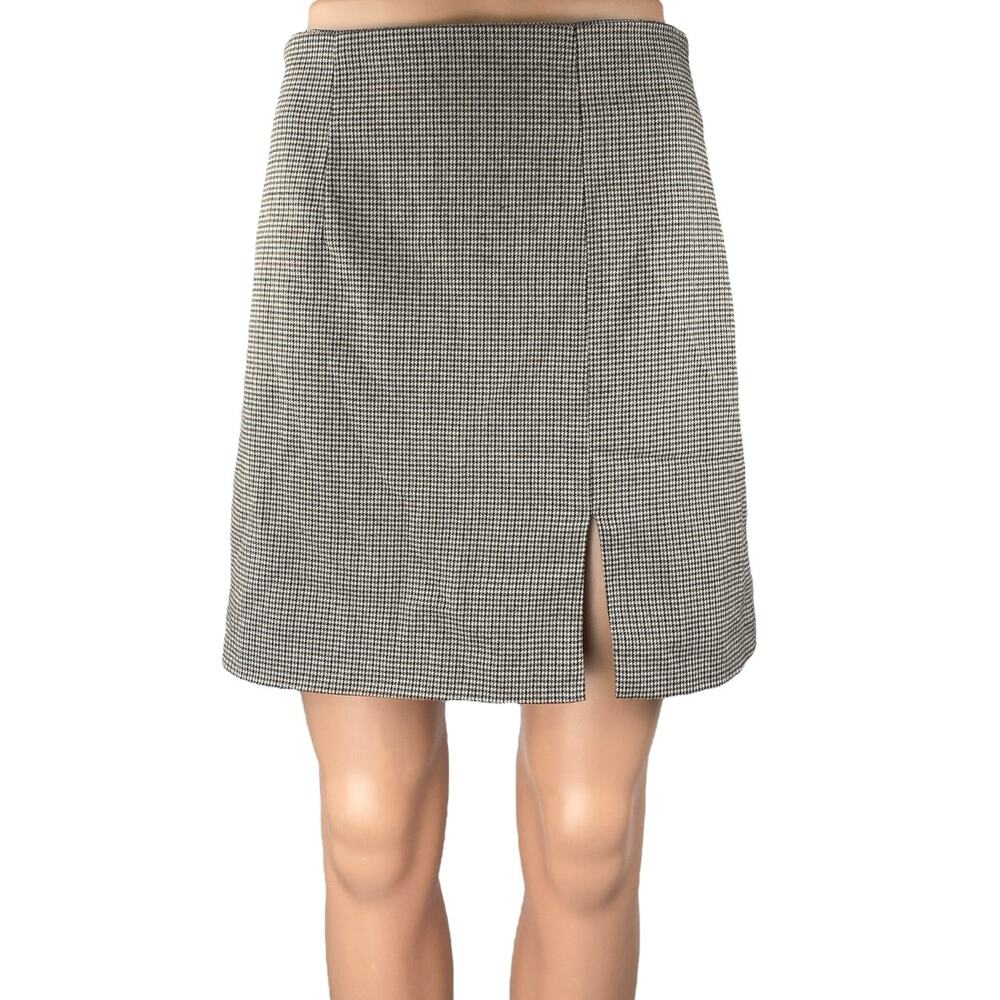 Oak + Fort Brown Houndstooth Plaid Front Slit Zipper Mini A-Line Pencil Skirt 4